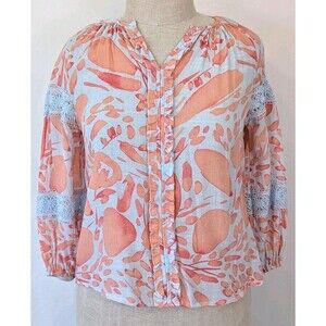 NWT Sharagano Petite M Floral Lace Sleeve Blouse Blue Orange Rayon Blend